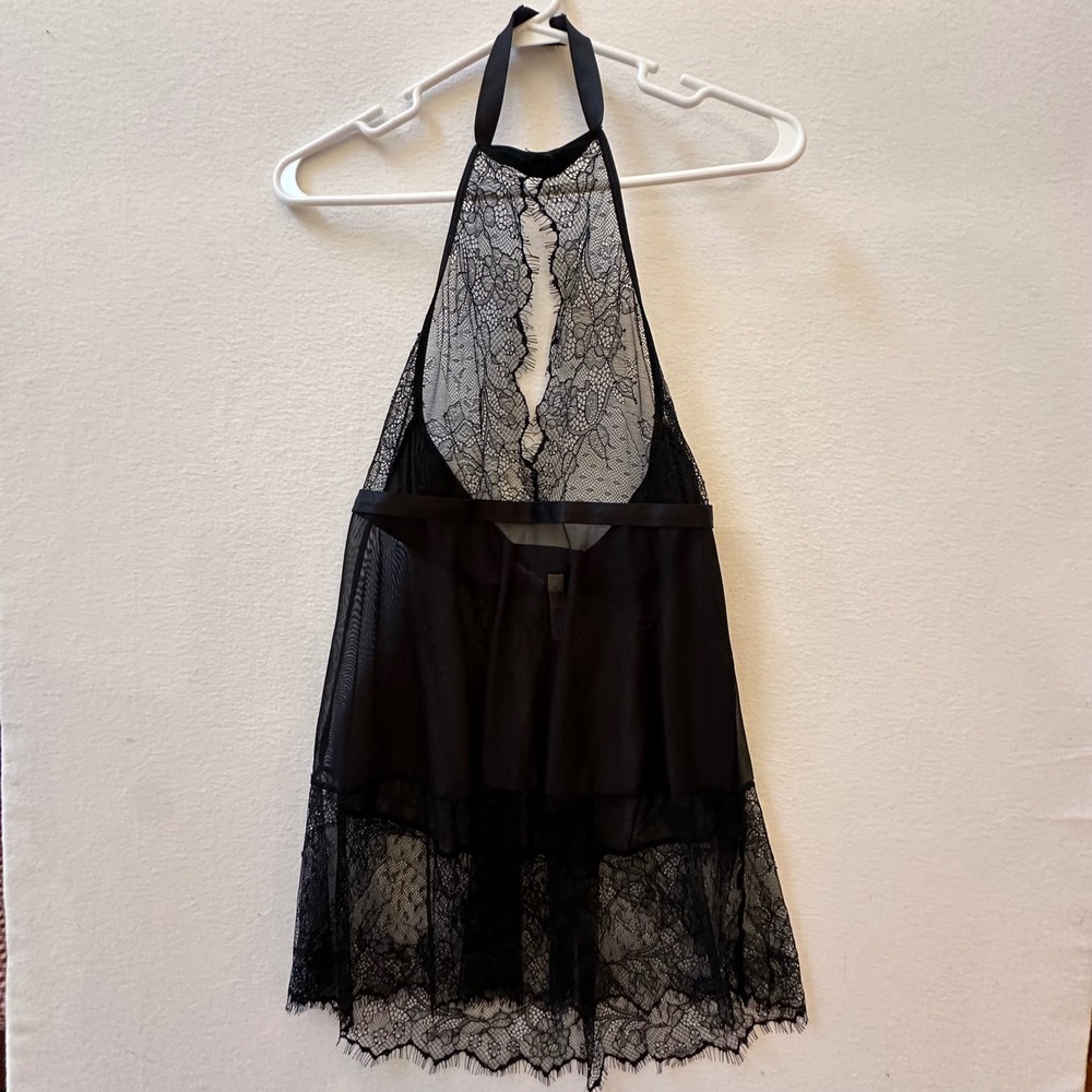 Coquette Black Lace Halter Babydoll Chemise Eyelash Trim Mesh Lingerie OS